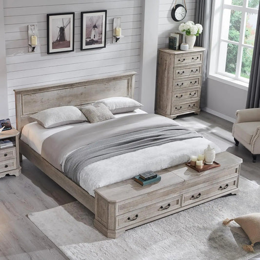 Farmhouse King Bed with Headboard and Storage Bench