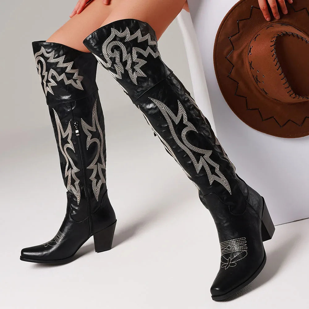 Women Over The Knee Western Boots Zip Closure Modern Style