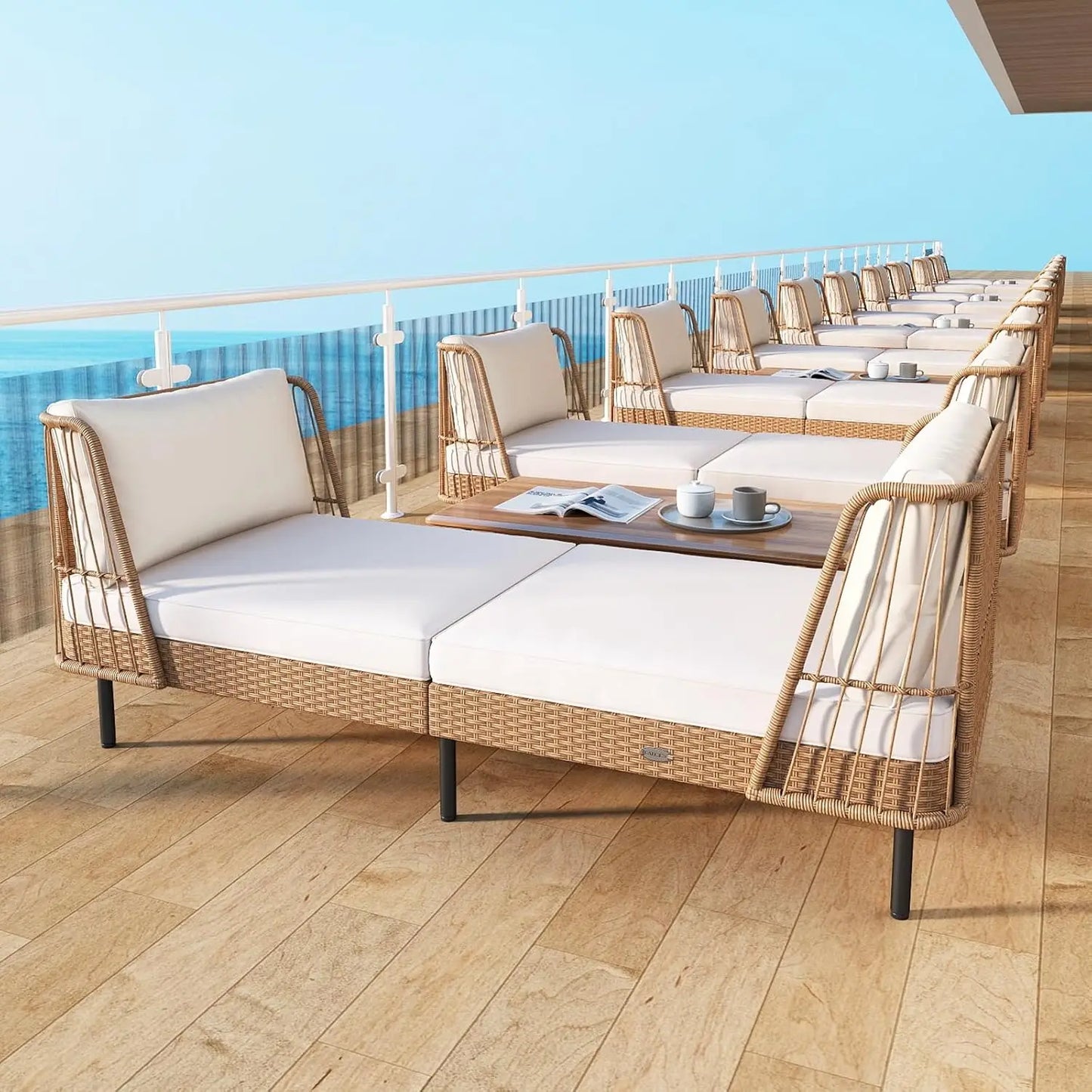 Folded Patio Rattan Daybed Boho Outdoor Wicker Lounge Sofa