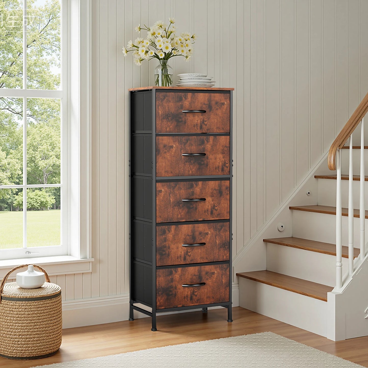 Bedroom Dresser With Five Fabric Drawers And Steel Frame