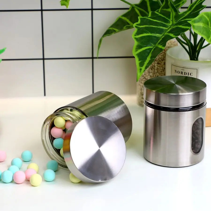 Six Pack Stainless Steel Kitchen Canisters Set With Window