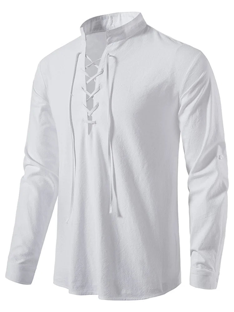 Mens Retro Long Sleeve Shirt Lace Up Medieval Viking Costume