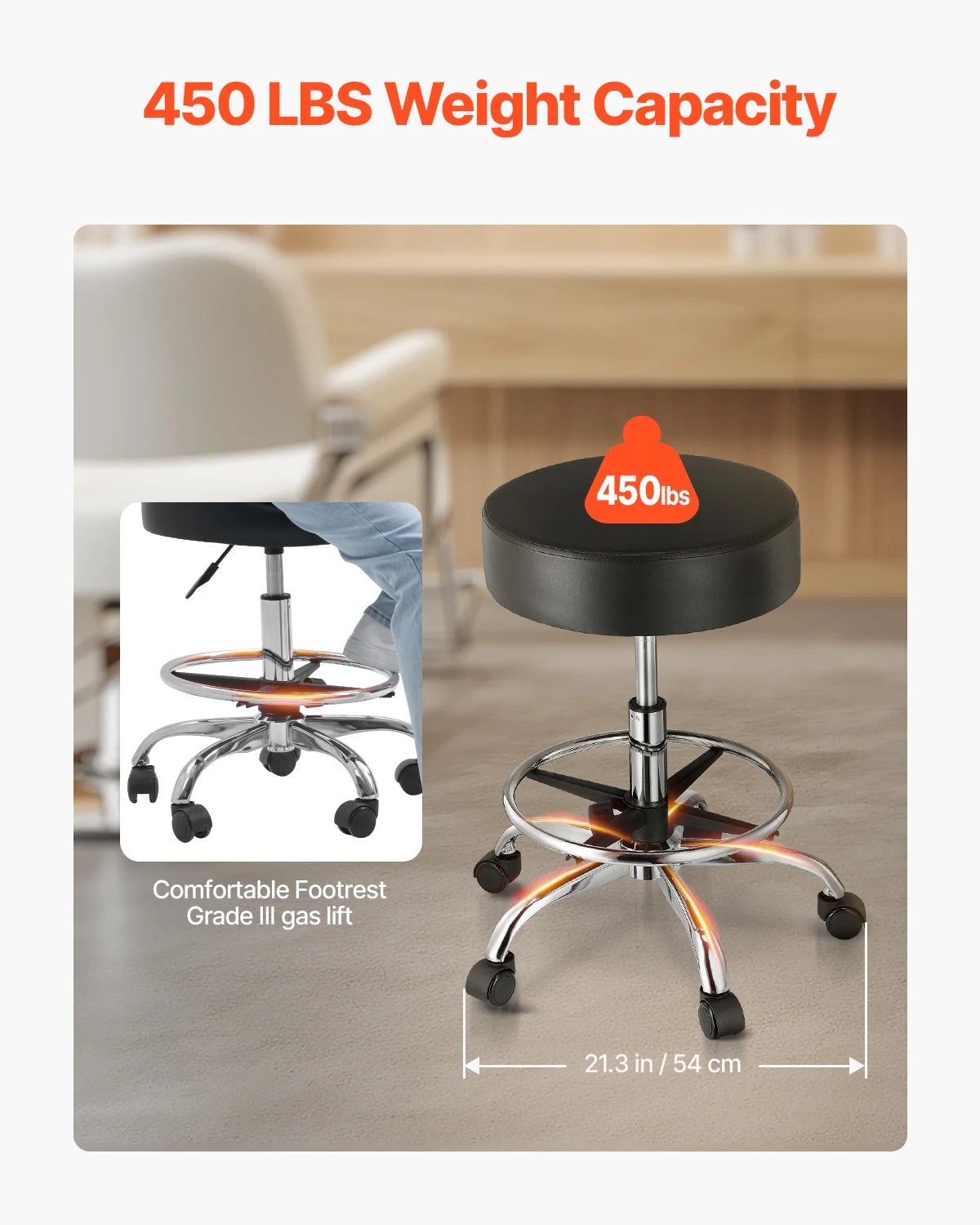 SucceBuy Round Rolling Stool Height Adjustable 450 Lbs Capacity