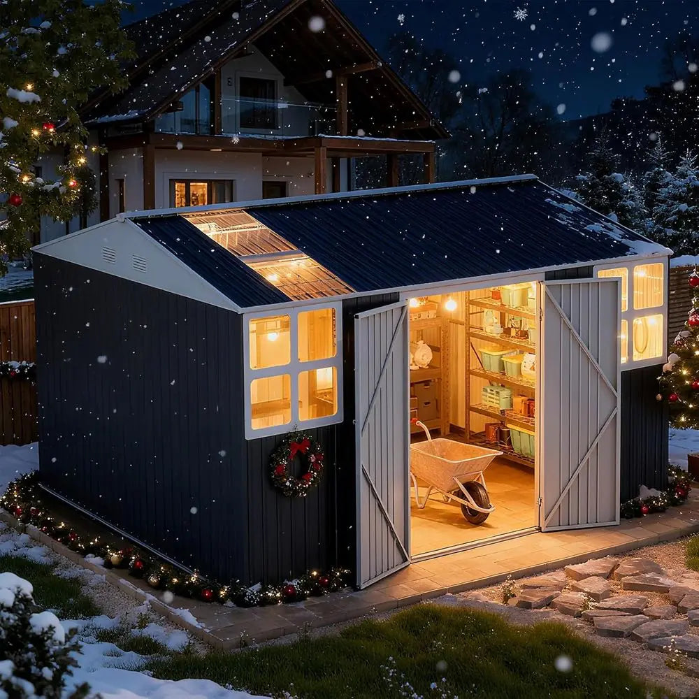 12x10ft Durable Metal Shed - with Double Doors, Clear Roof Panels, and Windows