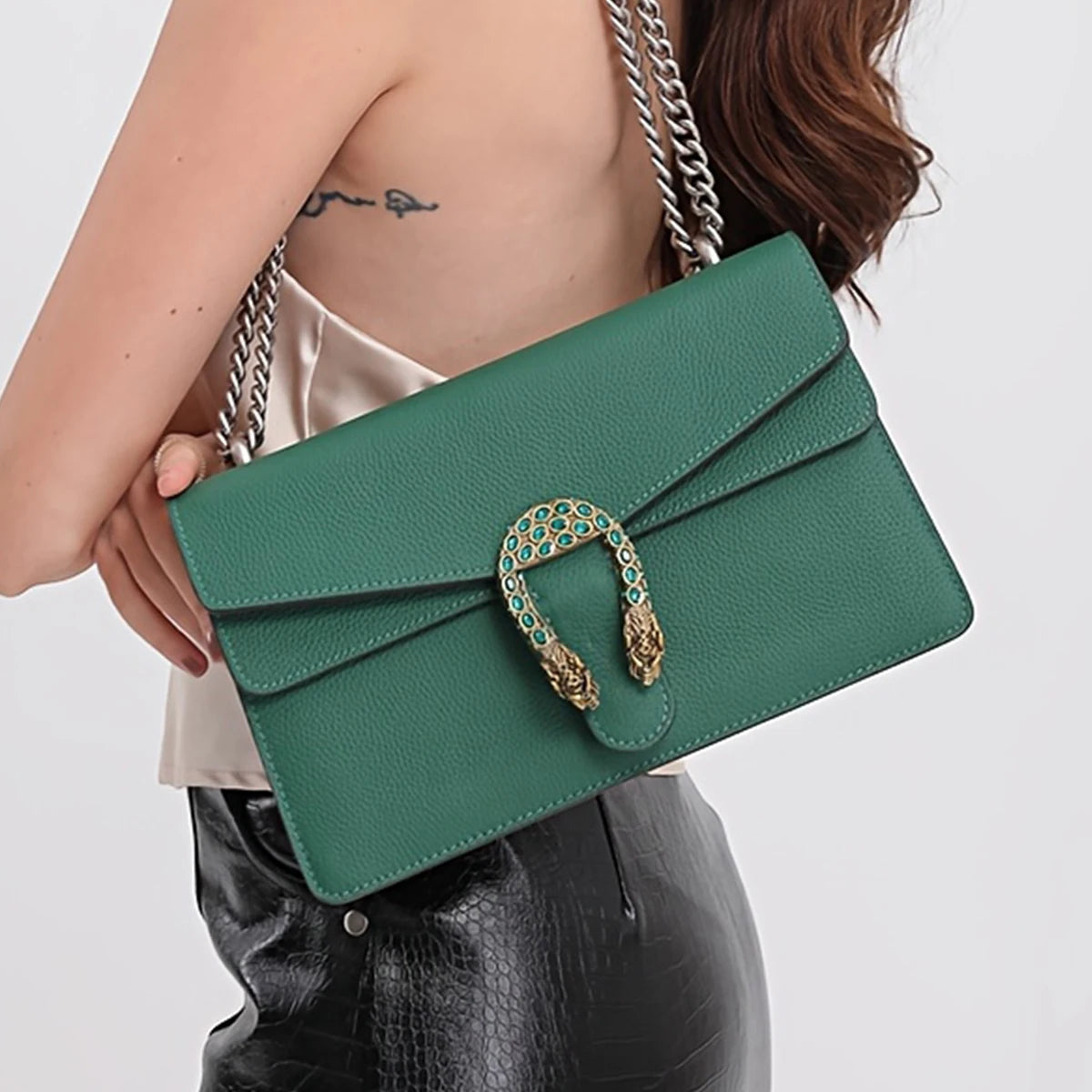 Genuine Leather Crossbody Bag With Elegant Chain Straps