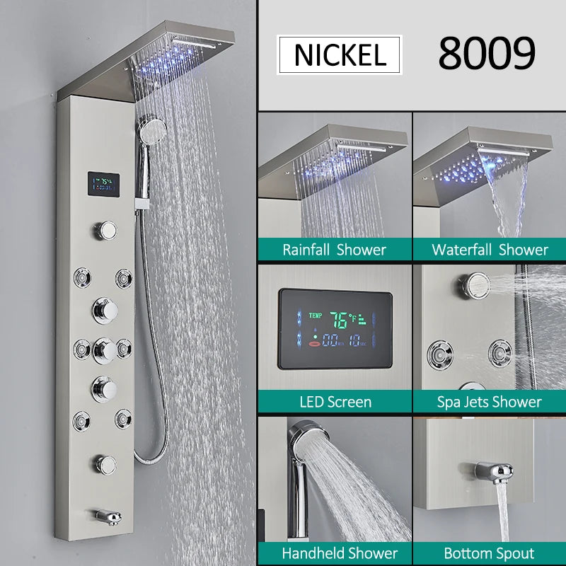 Quyanre LED Shower Panel Tower System With Hydroelectric LCD Display