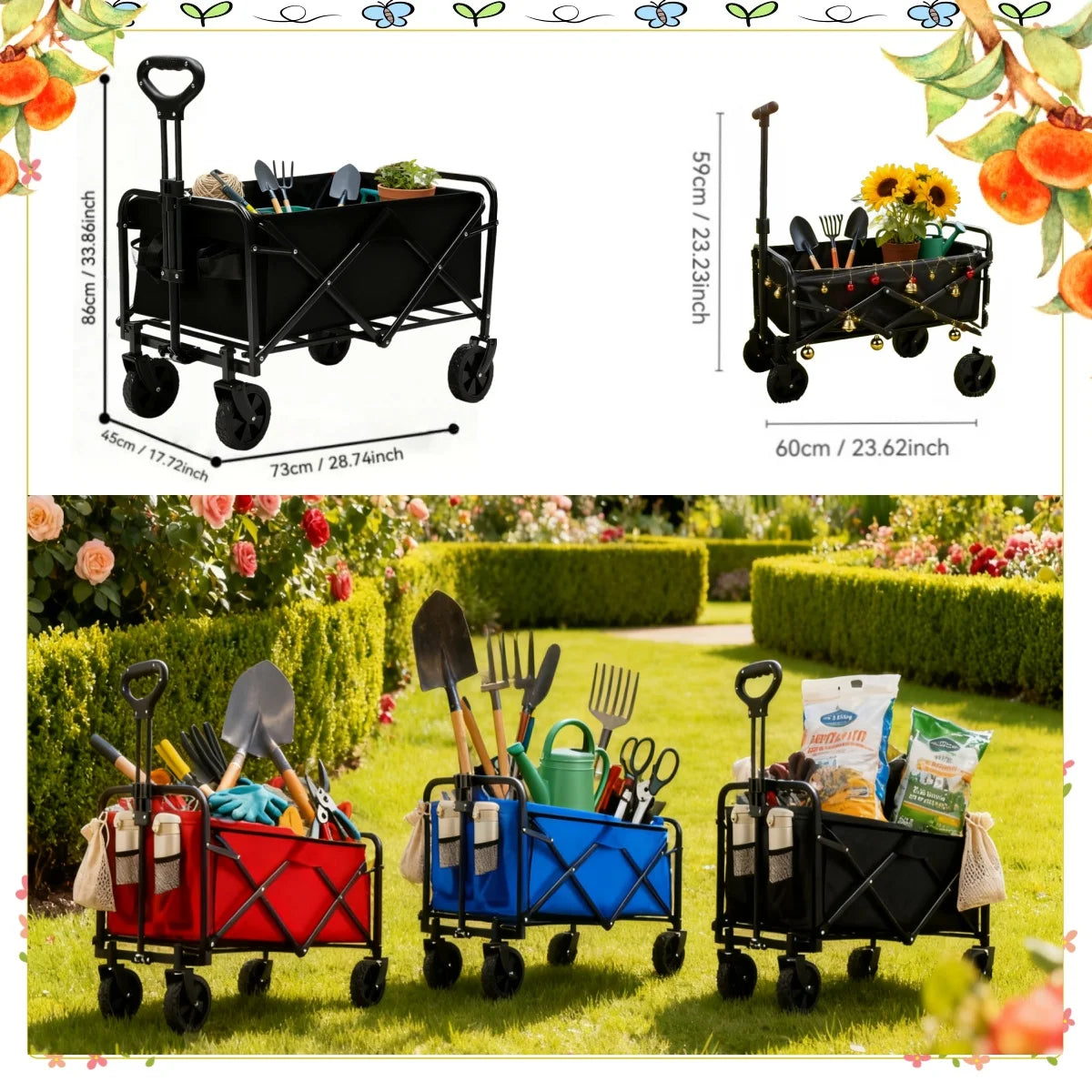 Multifunctional folding outdoor garden trolley, 650 lbs load capacity, suitable for beach, lawn, camping