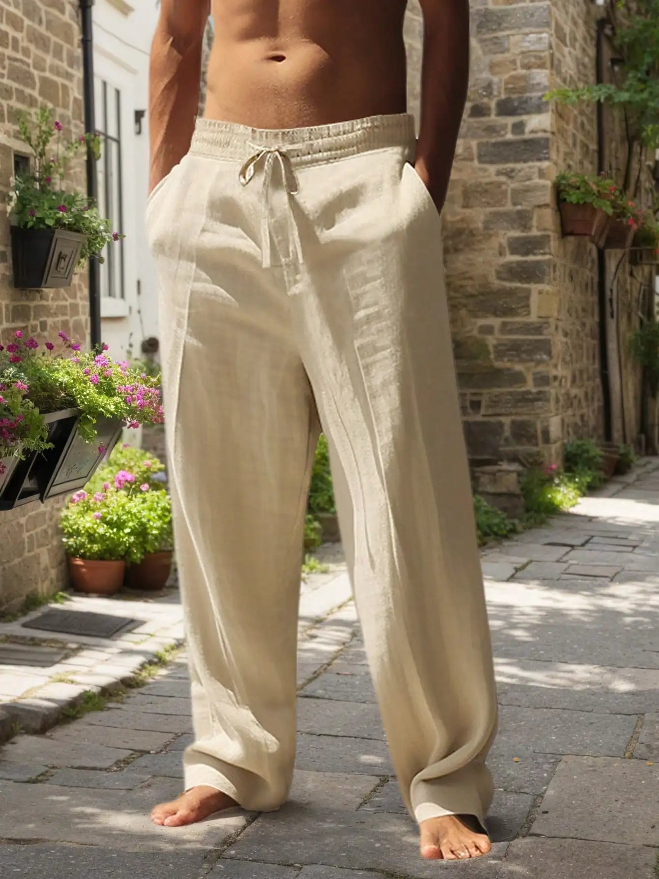 Men Linen Wide Leg Casual Pants Lightweight Breathable Trousers