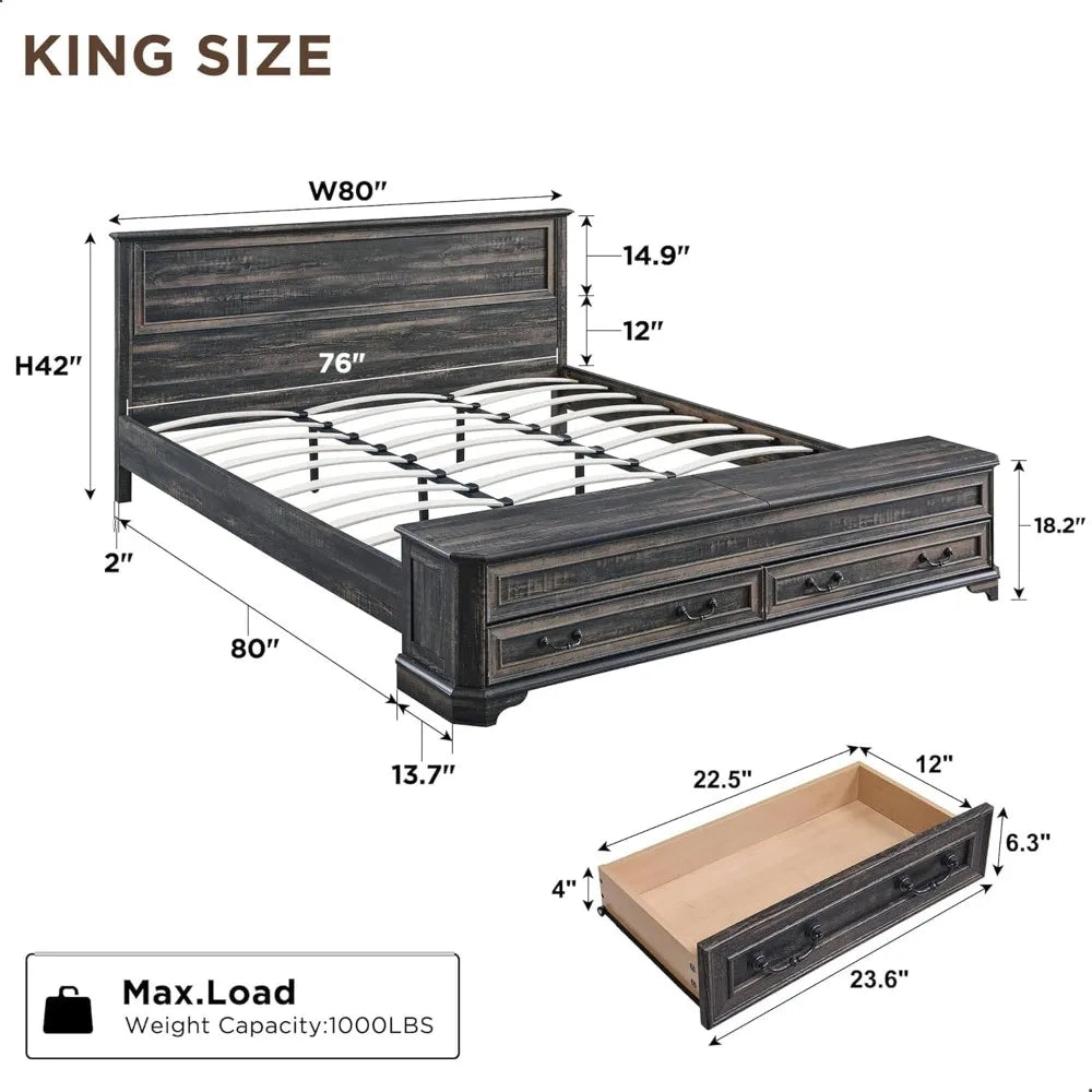 Farmhouse King Bed with Headboard and Storage Bench