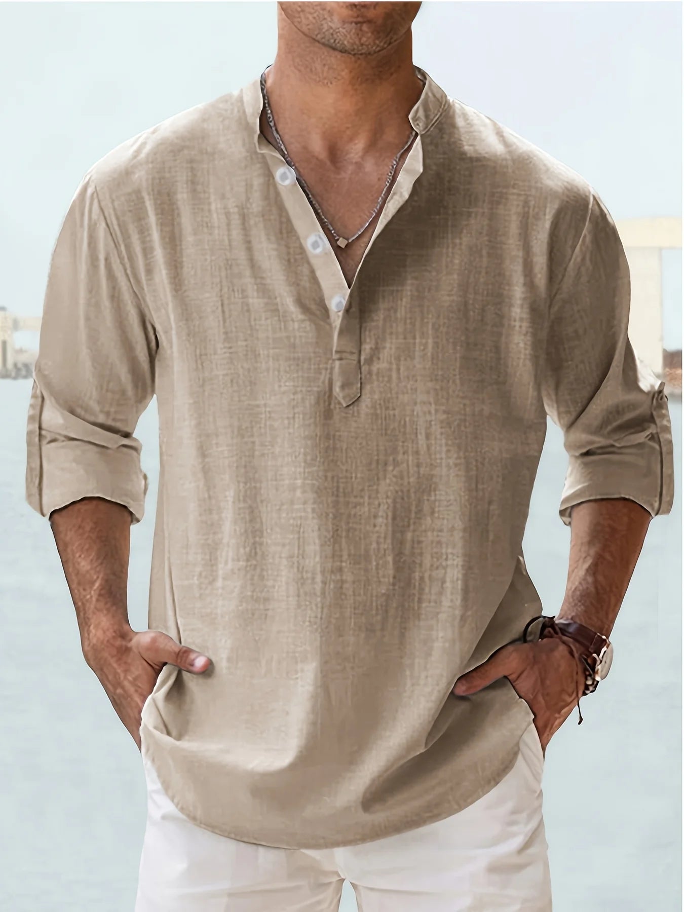Men's Cotton Linen Stand Collar Long Sleeve Shirt Loose Fit