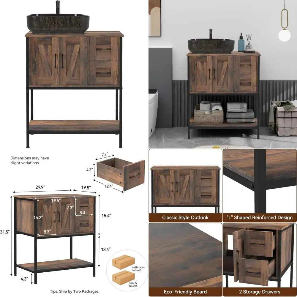 Rustic Farmhouse Vanity Set With Ceramic Sink And Wood Cabinet