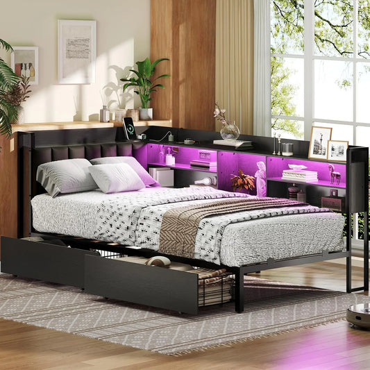 Corner Bed Frame With Bookcase Storage PU Upholstered Twin Daybed With 2 Drawers