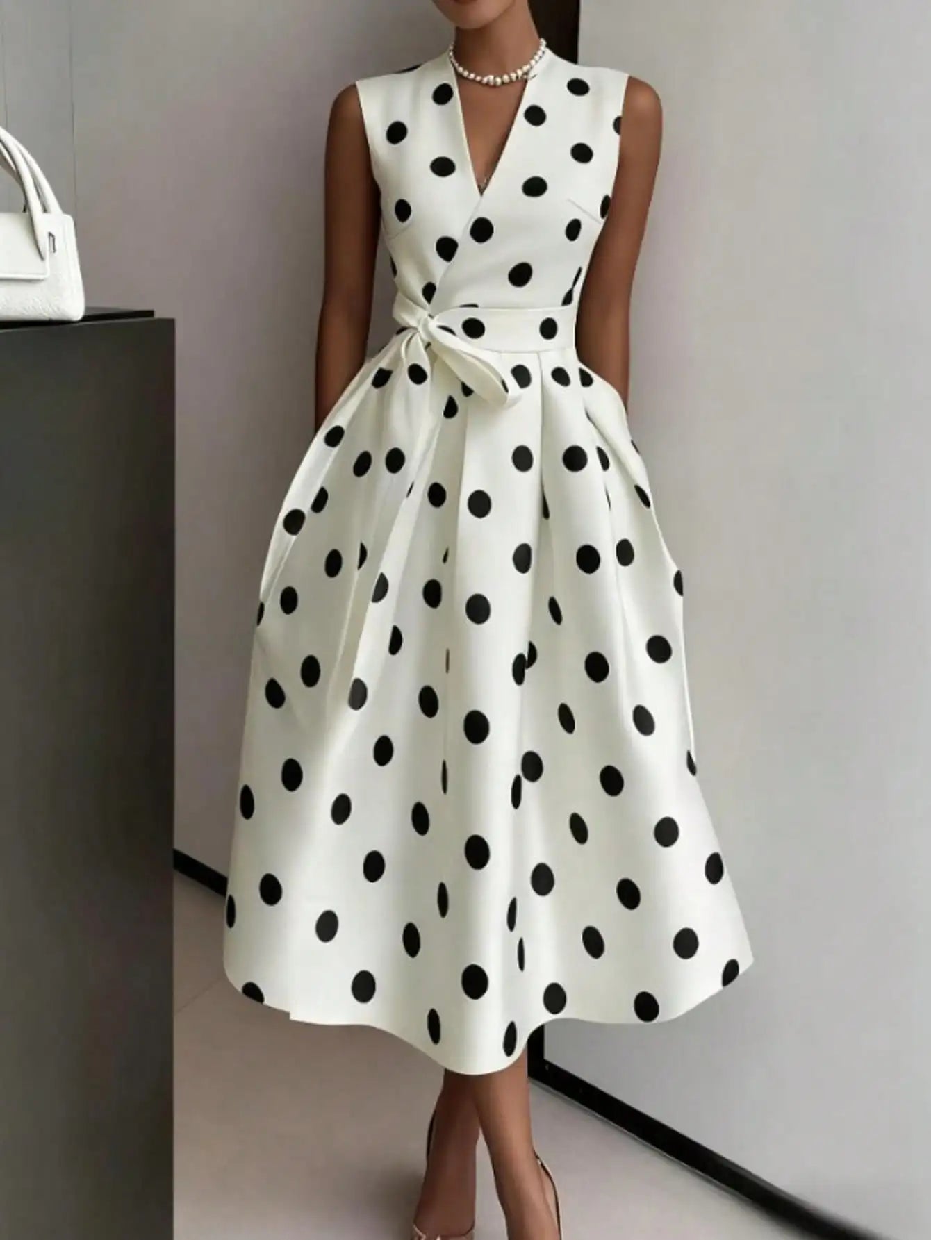 Women's V-Neck Polka Dot Sleeveless Wrap Dress With Waist Tie