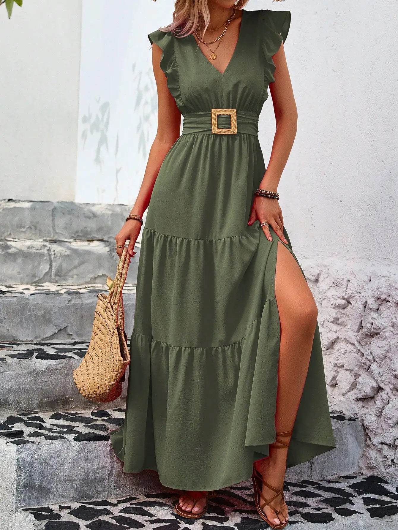 Chiffon Maxi Dress With Ruffle Trim And High Slit For Women
