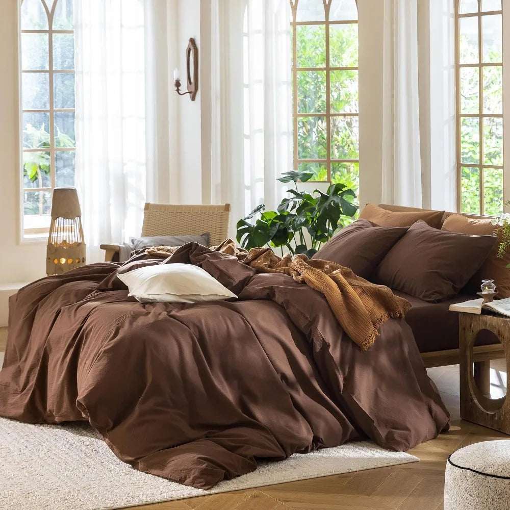 Washed Cotton Duvet Cover Set Linen Like Texture Breathable Soft