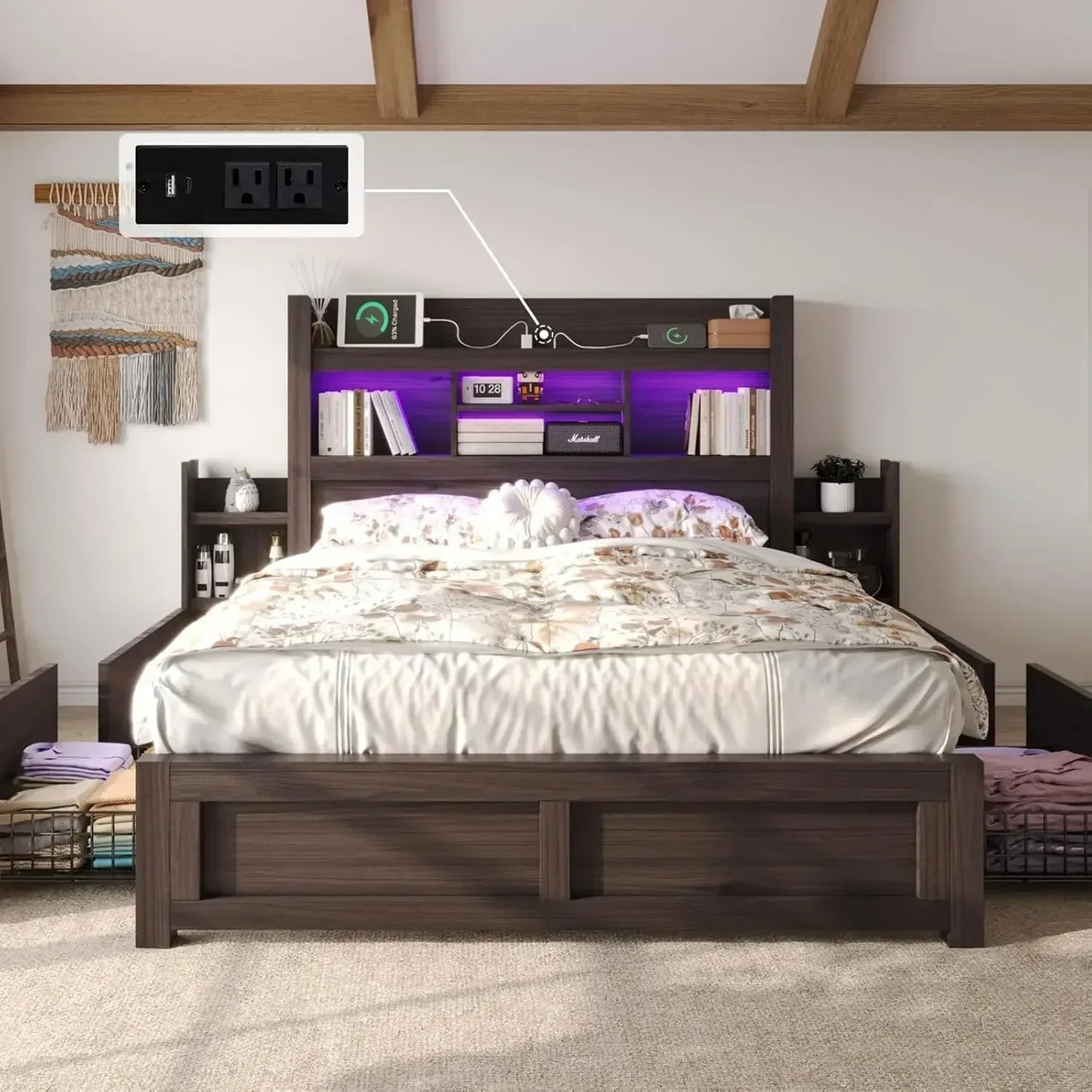 Farmhouse Queen Bed Frame With Bookcase Headboard And Storage