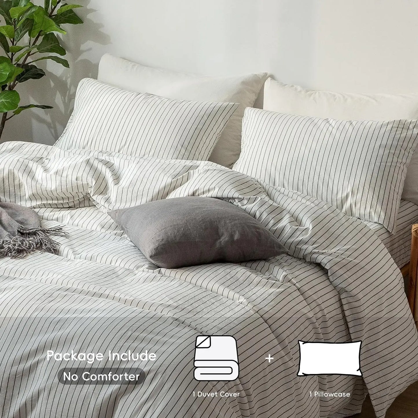 Duvet Cover Set Washed Cotton Linen Textured Stripes