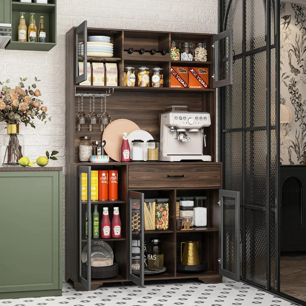 Coffee Bar Storage Cabinet With Charging Station And LED Lights