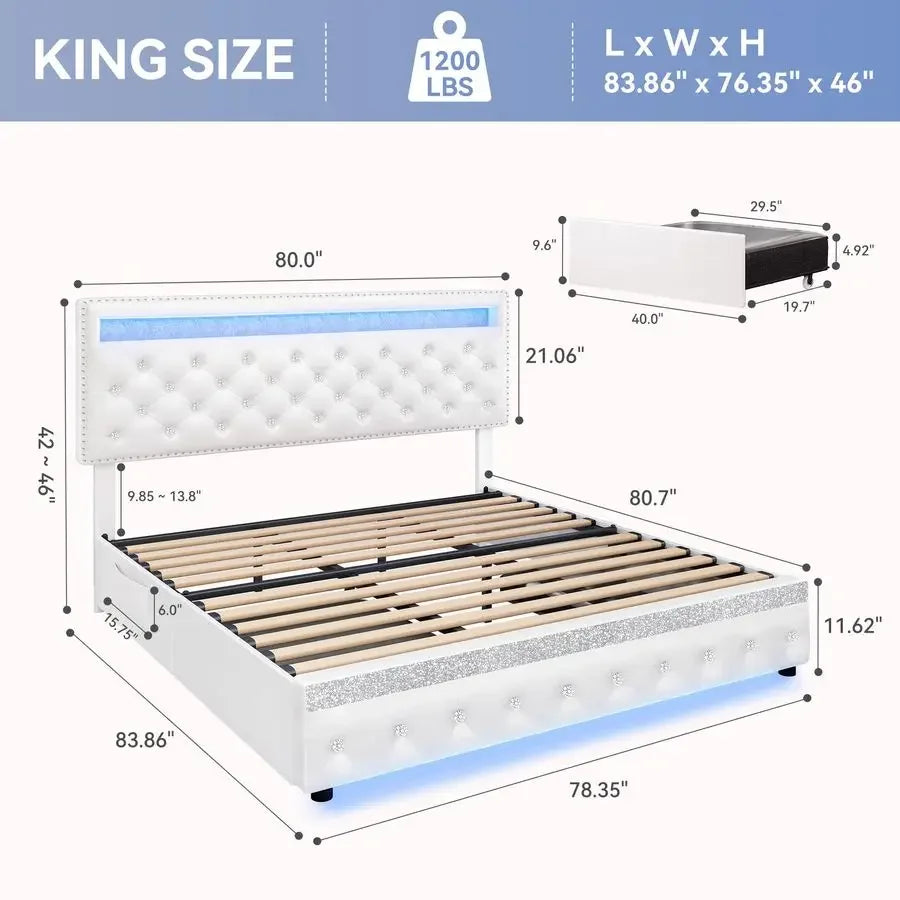 LED PU Upholstered Bed Frame With 2 Drawers Smart Lighting