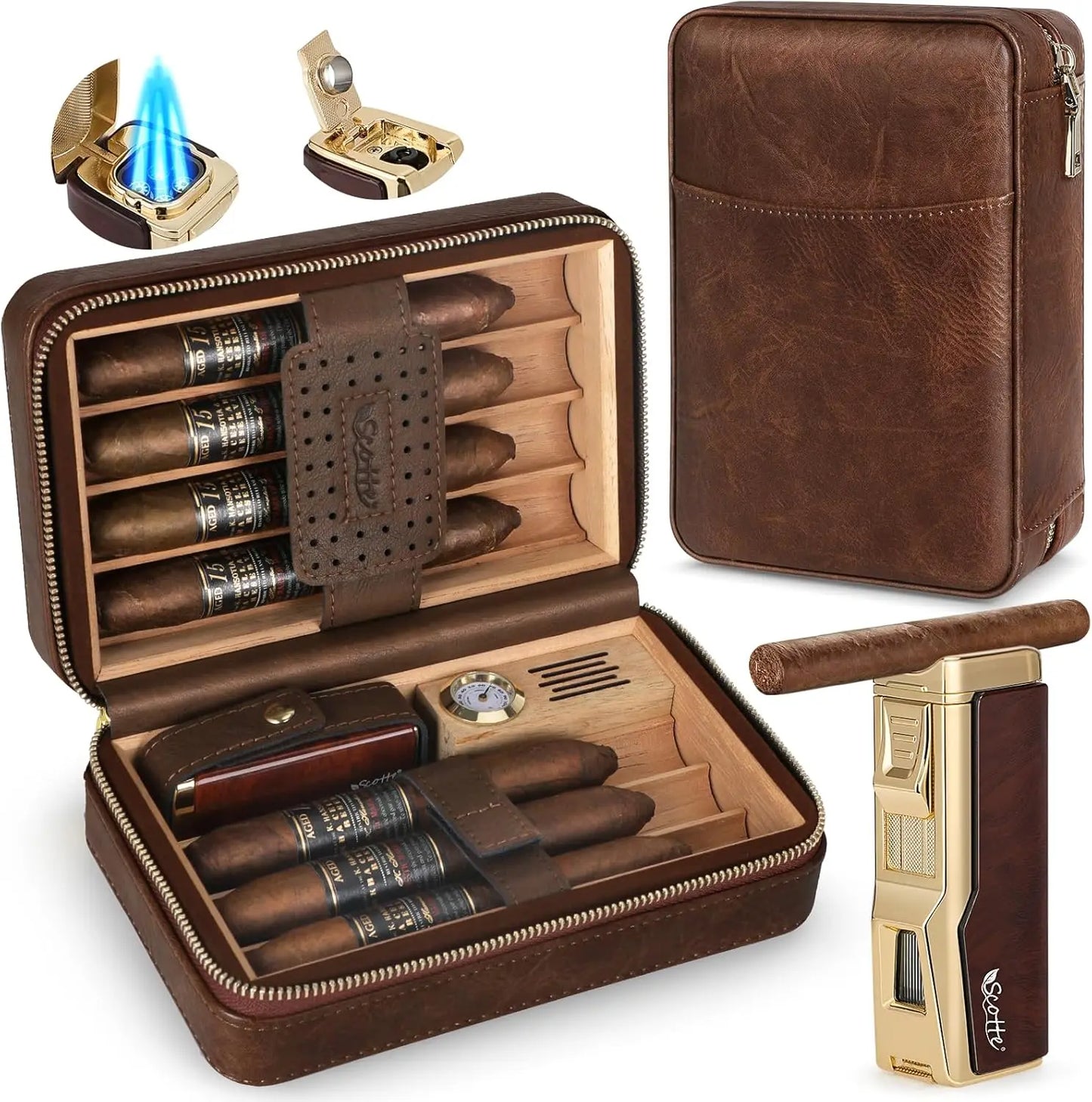 Tesonway Portable Cigar Humidor Leather Case With Cedar Lining Hygrometer