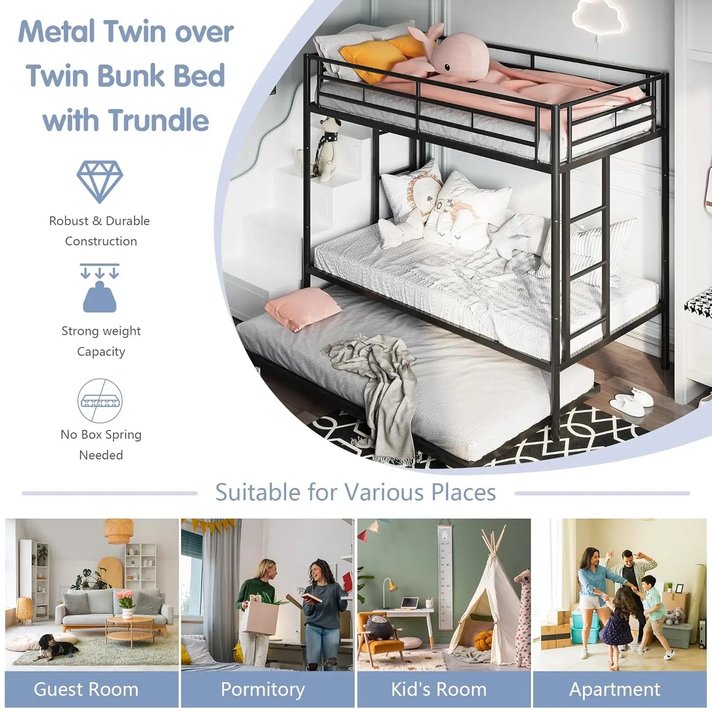 Twin Metal Bunk Beds with Double Secured Ladders