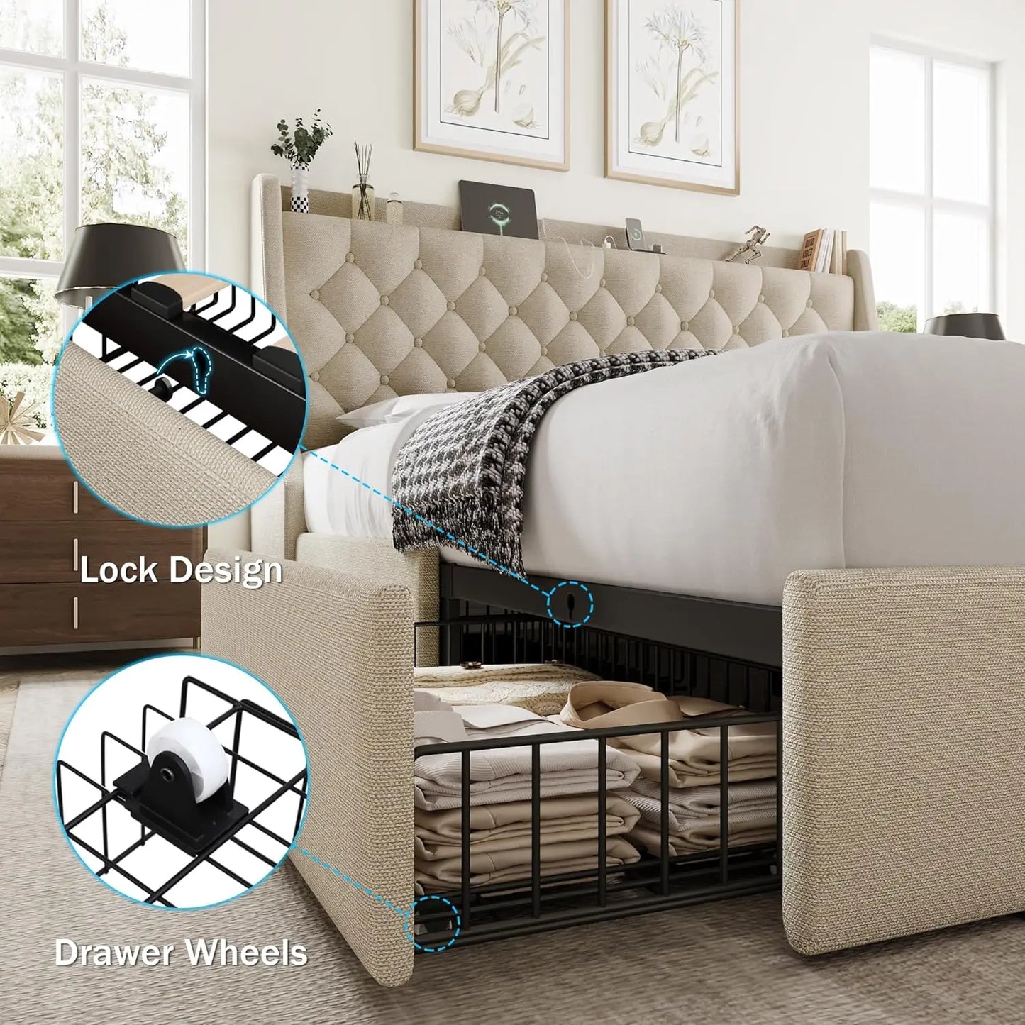 King Size Bed Frame with 4 Storage Drawers, Upholstered Wingback Headboard, Fast Charging Station
