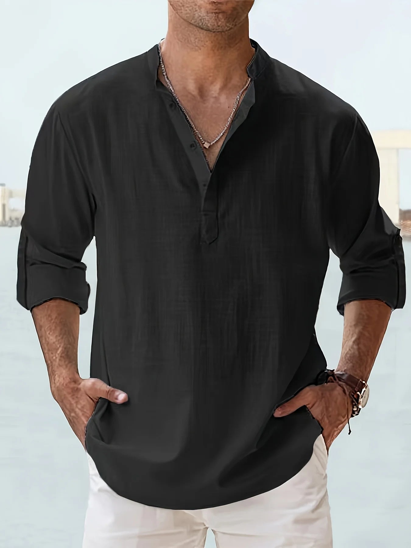 Men's Cotton Linen Stand Collar Long Sleeve Shirt Loose Fit