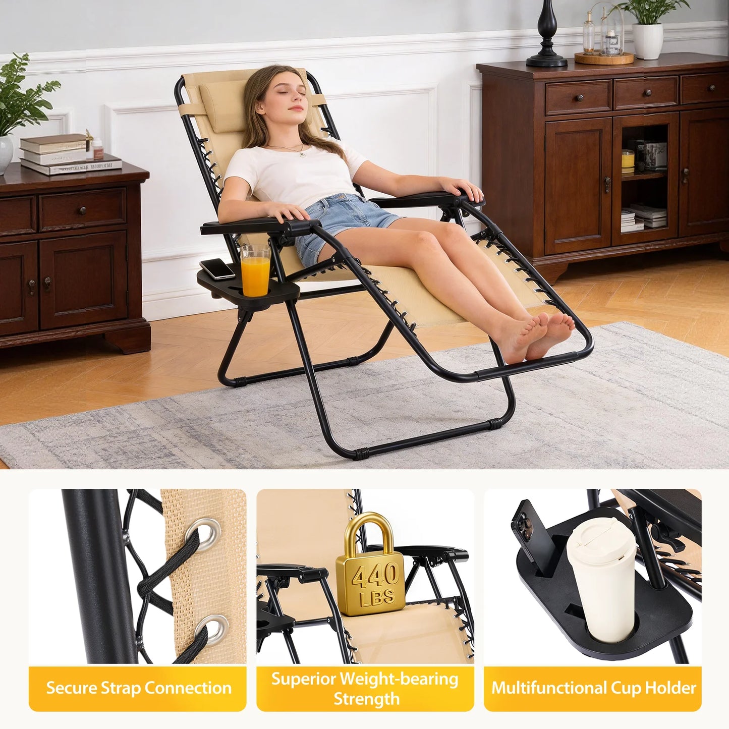 Set of Zero Gravity Reclining Lounge Chairs with Cup Holder Tray