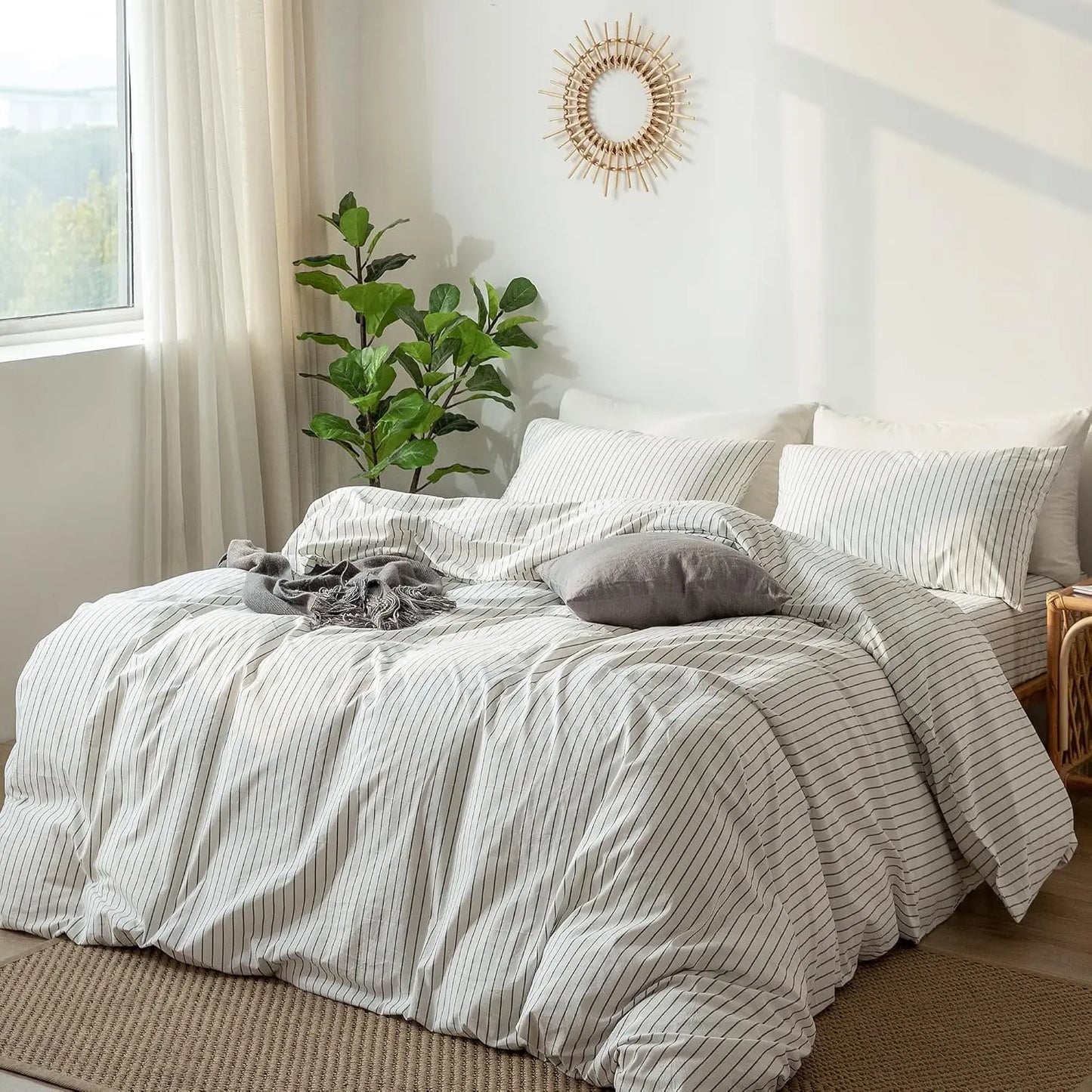 Duvet Cover Set Washed Cotton Linen Textured Stripes