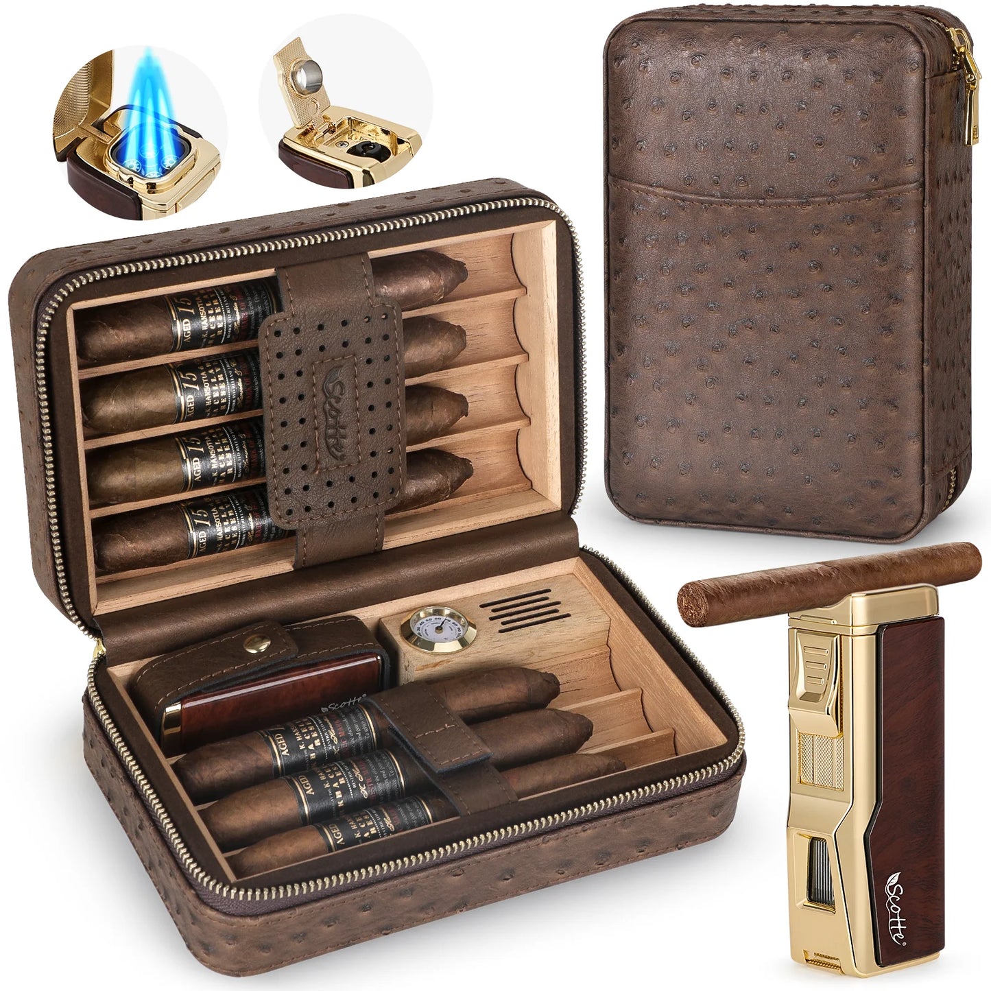 Tesonway Portable Cigar Humidor Leather Case With Cedar Lining Hygrometer