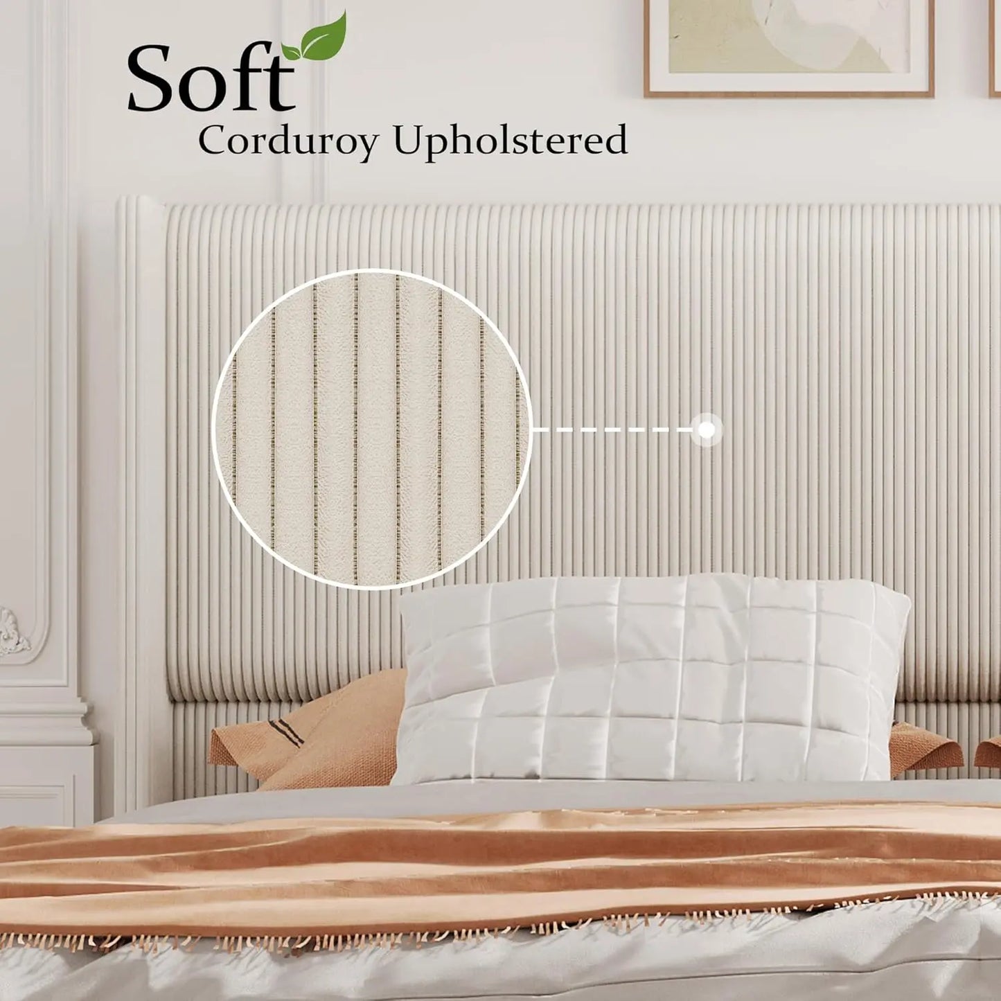 Corduroy Upholstered King Bed Frame with Wingback Headboard