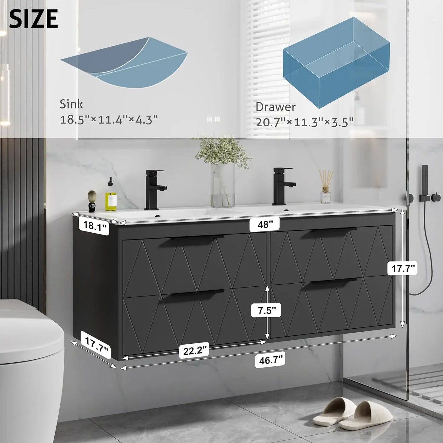 Wall-Mounted Floating Vanity Cabinet With Sink And Soft-Close Drawers