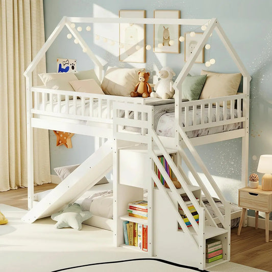 Wood Twin Over Twin House  Bunk Bed with Slide & Staircase