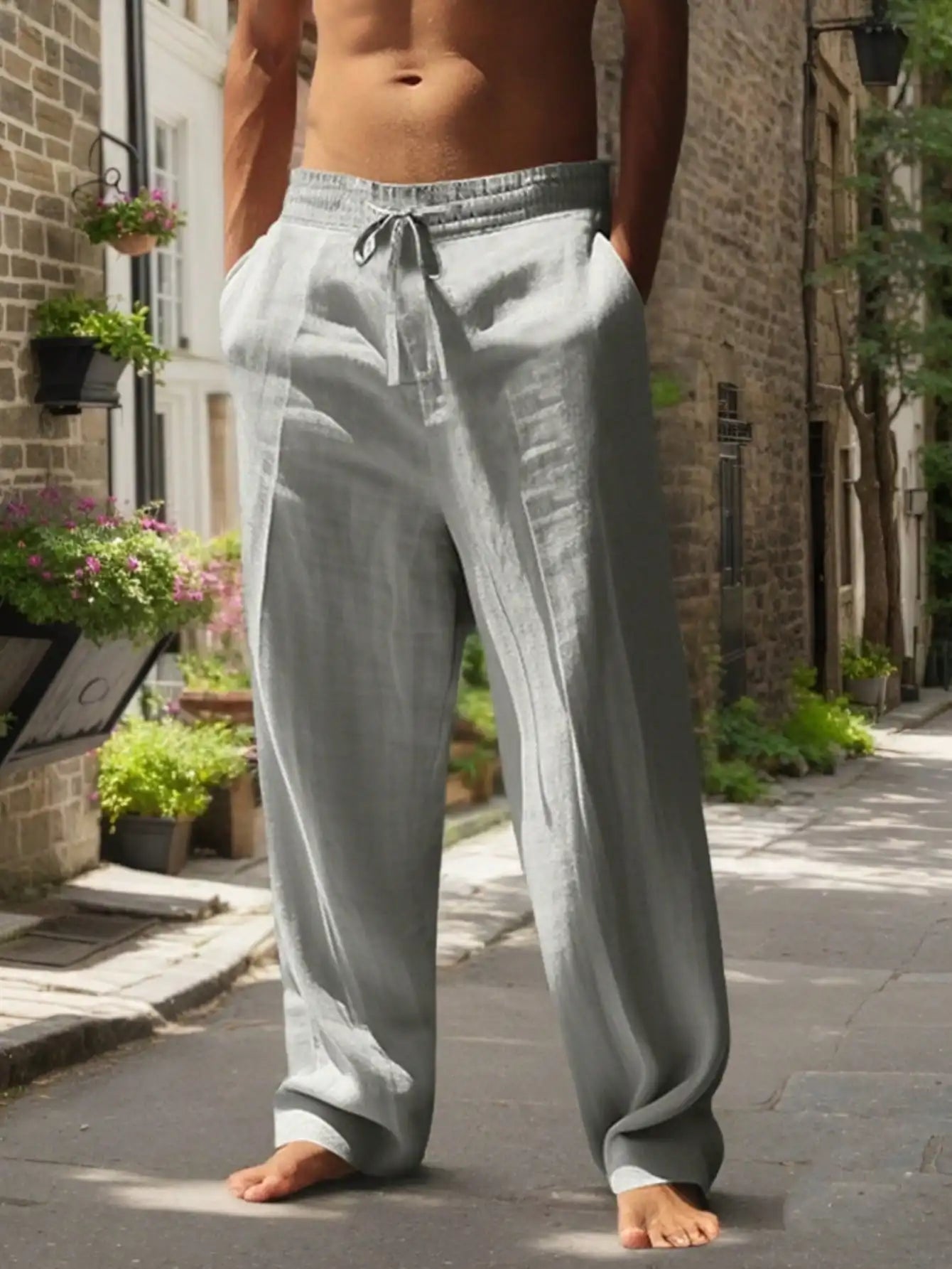 Men Linen Wide Leg Casual Pants Lightweight Breathable Trousers