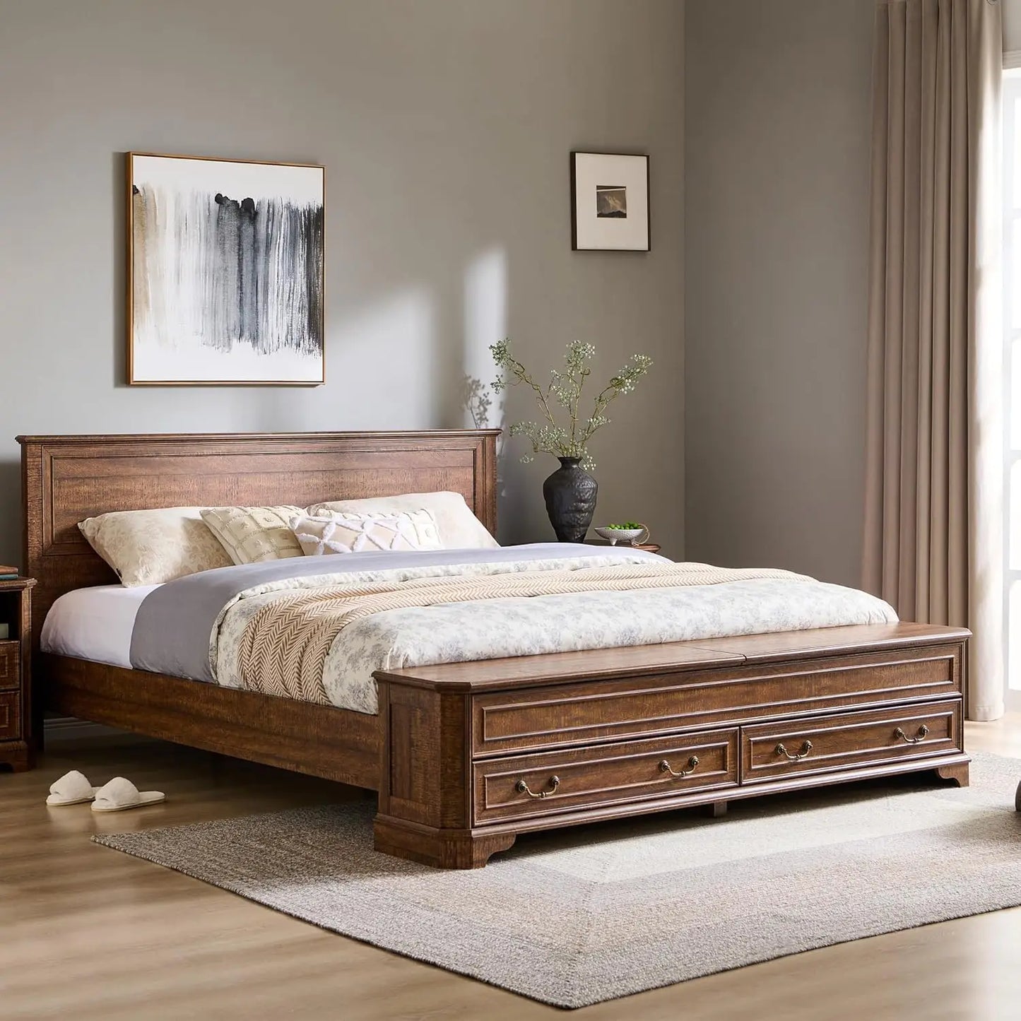 Farmhouse King Bed with Headboard and Storage Bench