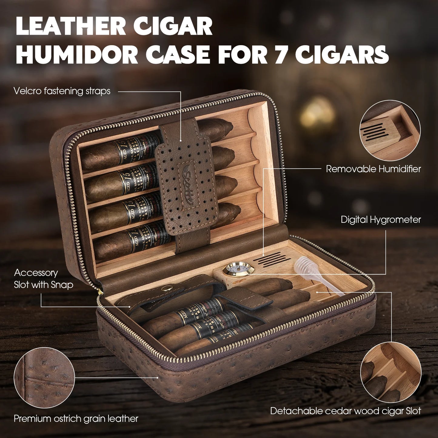 Tesonway Portable Cigar Humidor Leather Case With Cedar Lining Hygrometer