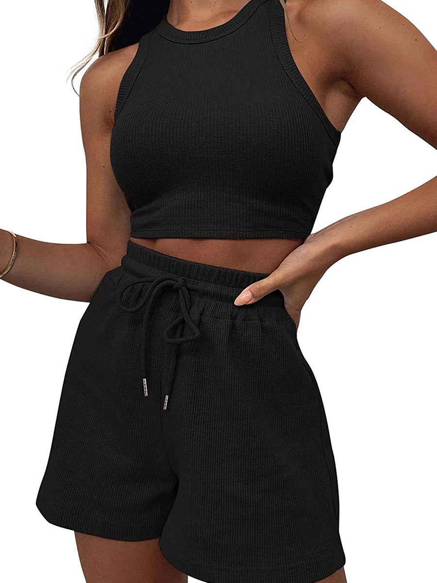 Hirigin Women's Waffle Sleeveless Tank Top Shorts Two Piece Set
