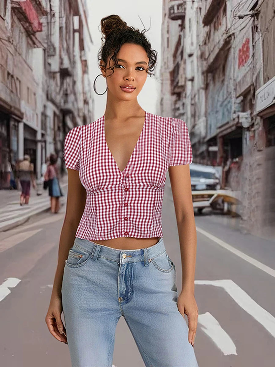 Checkered Print Blouse Crop Top