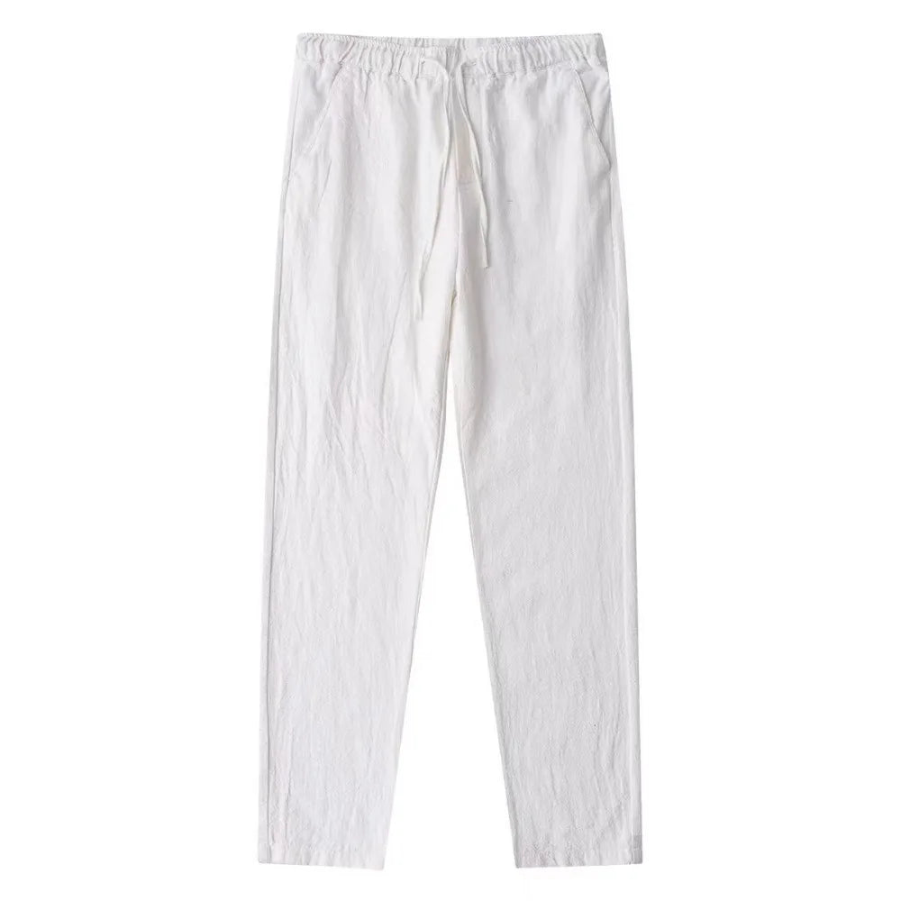 Men's Cotton Linen Pants Autumn Breathable Flat Front Trousers