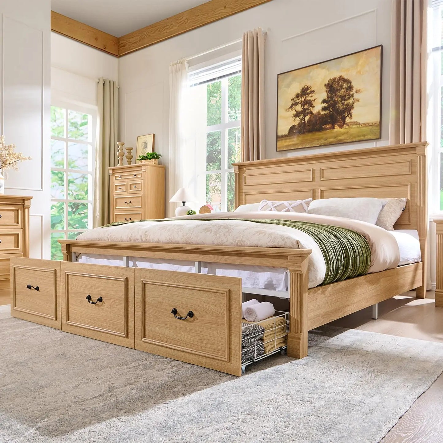 Farmhouse Platform Bed Frame With Storage Drawers
