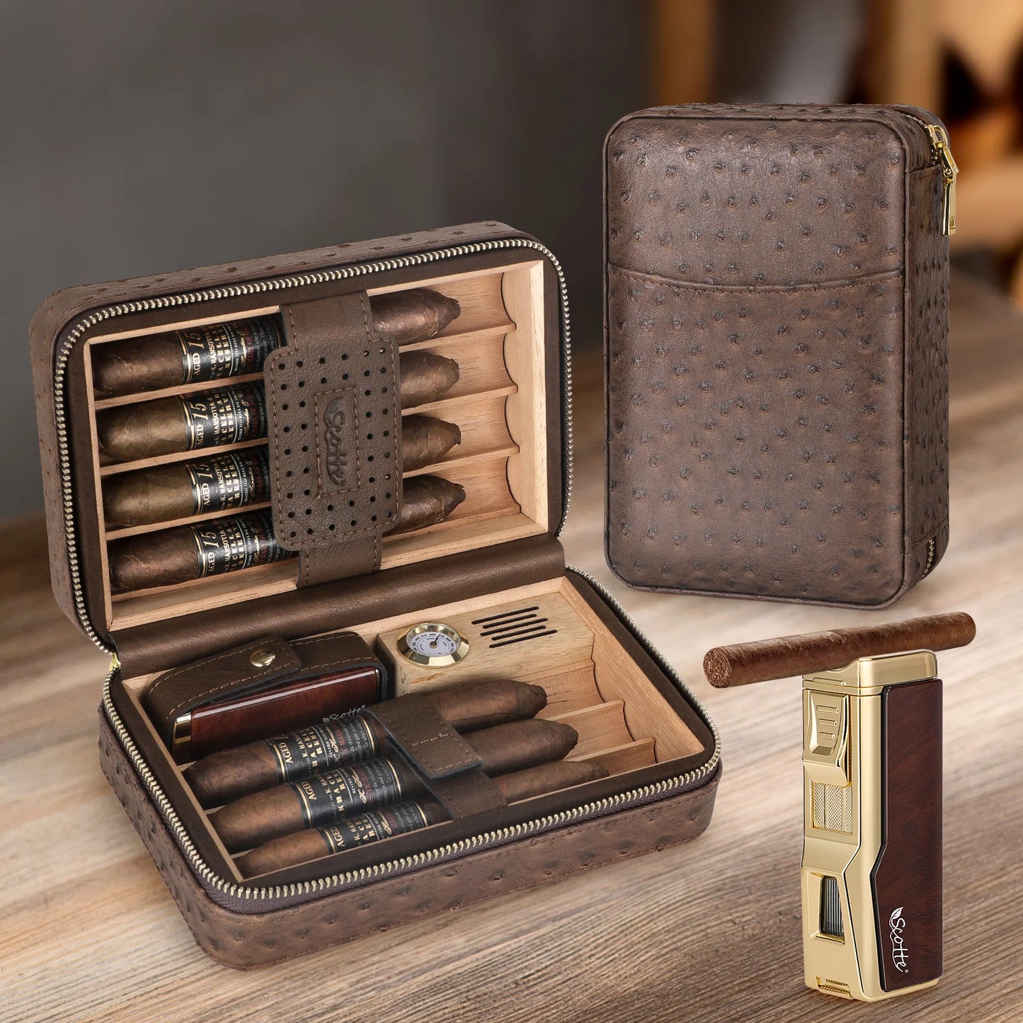 Tesonway Portable Cigar Humidor Leather Case With Cedar Lining Hygrometer
