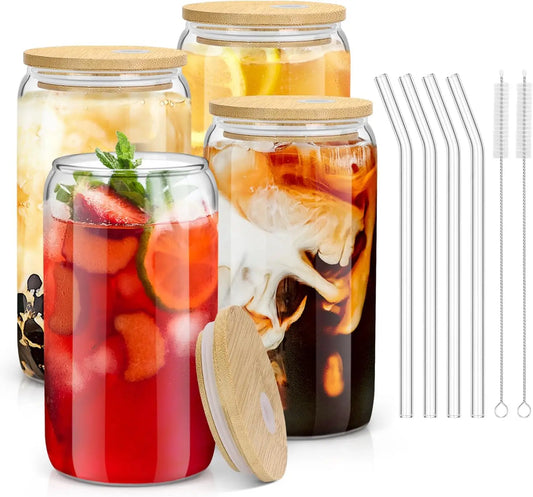 4-Piece Drinking Glasses With Bamboo Lids And Glass Straws