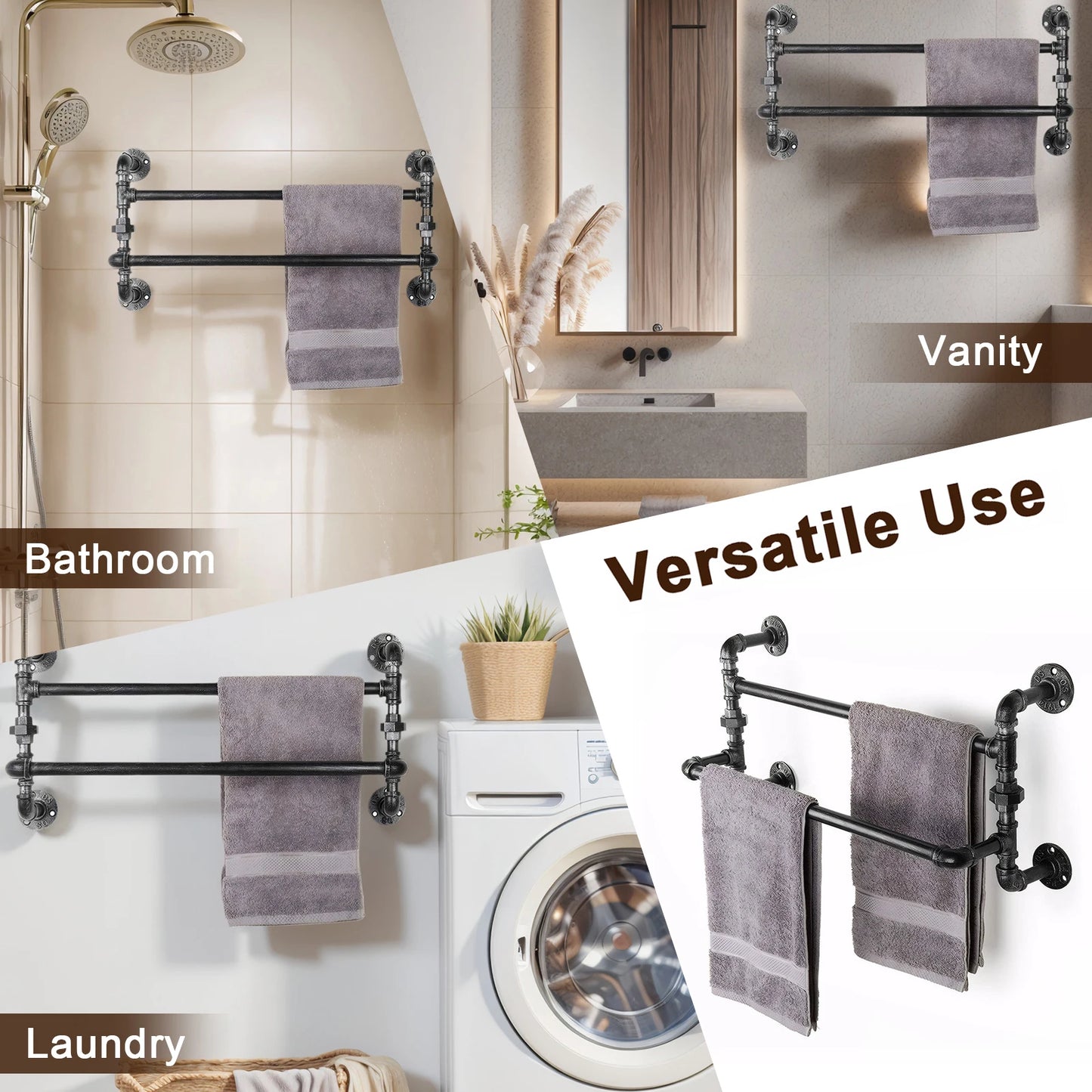 Vintage Industrial Wrought Iron Bathroom Towel Rack Wall Mount Organizer