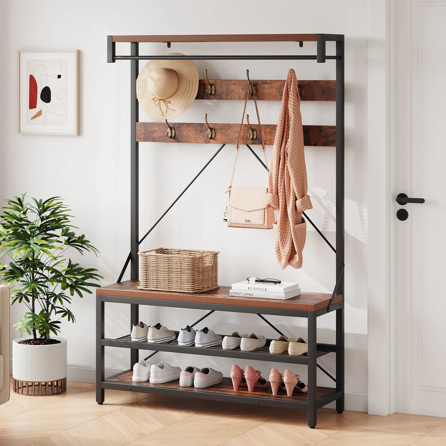 Acekool Industrial Hall Tree Coat Rack With Bench And Storage