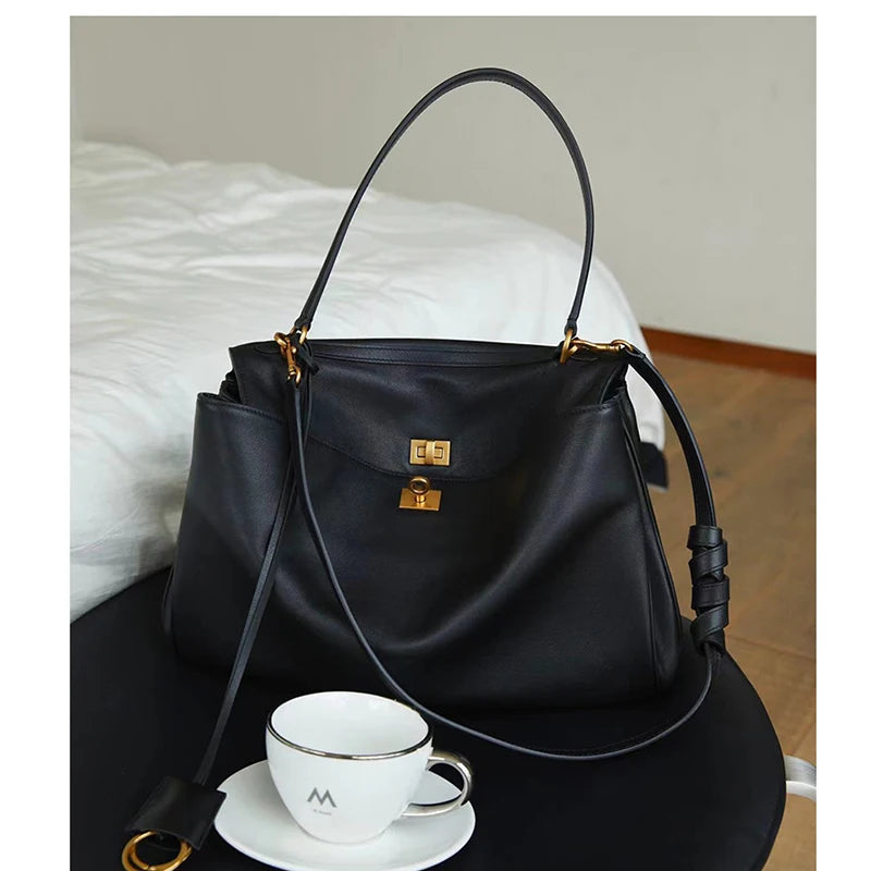 Genuine Leather Women's Large Capacity Handbag with Secure Hasp Closure