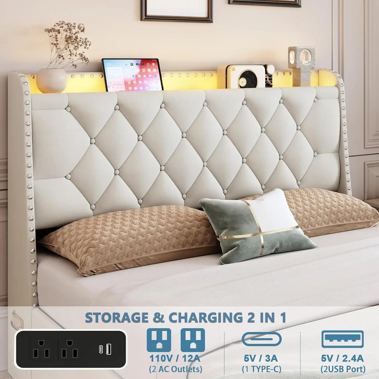 Queen Size Bed with 4 Drawers & Storage Headboard, LED Lights & Charging Station