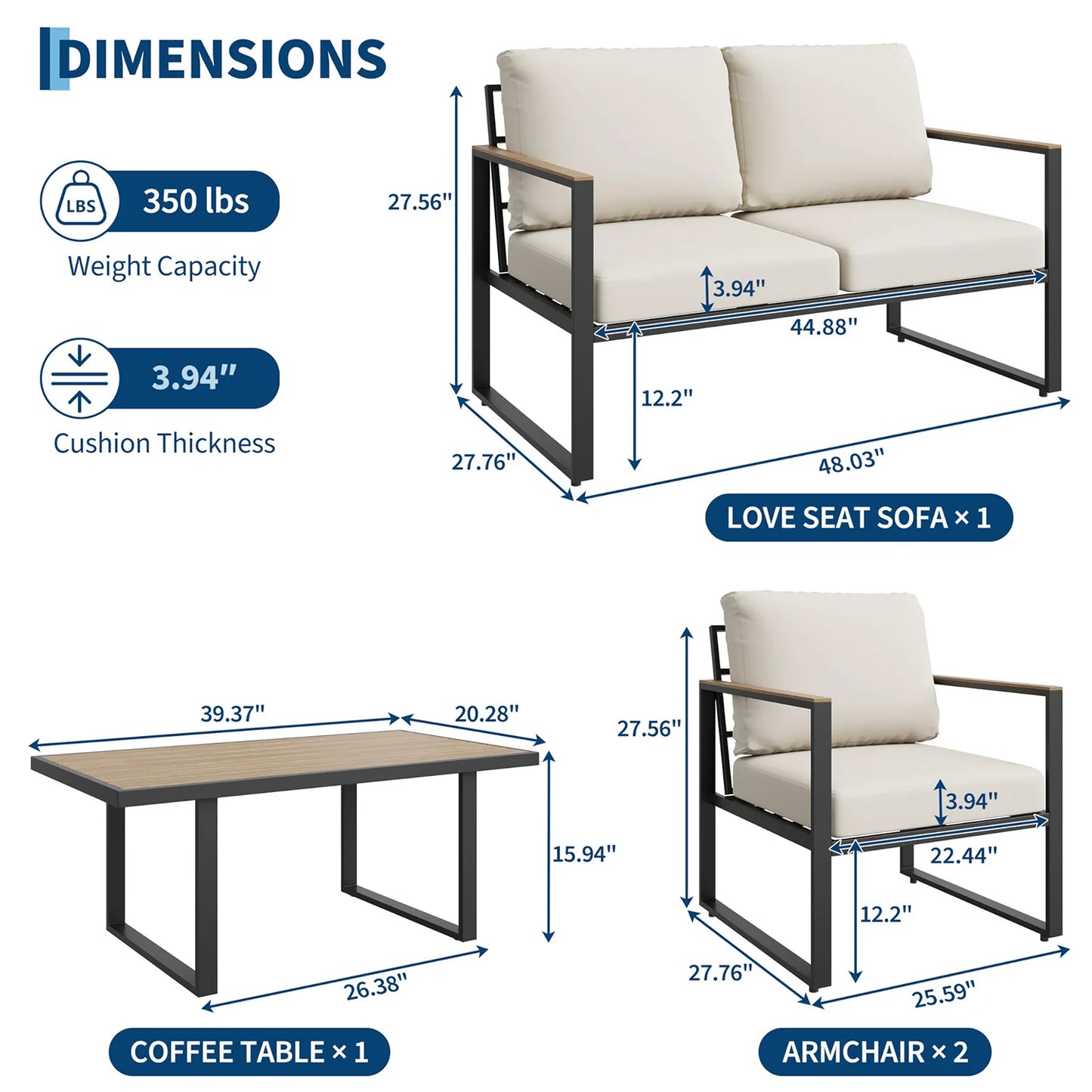 HobbyLane Modern Metal Patio Furniture Set Outdoor Garden Seating