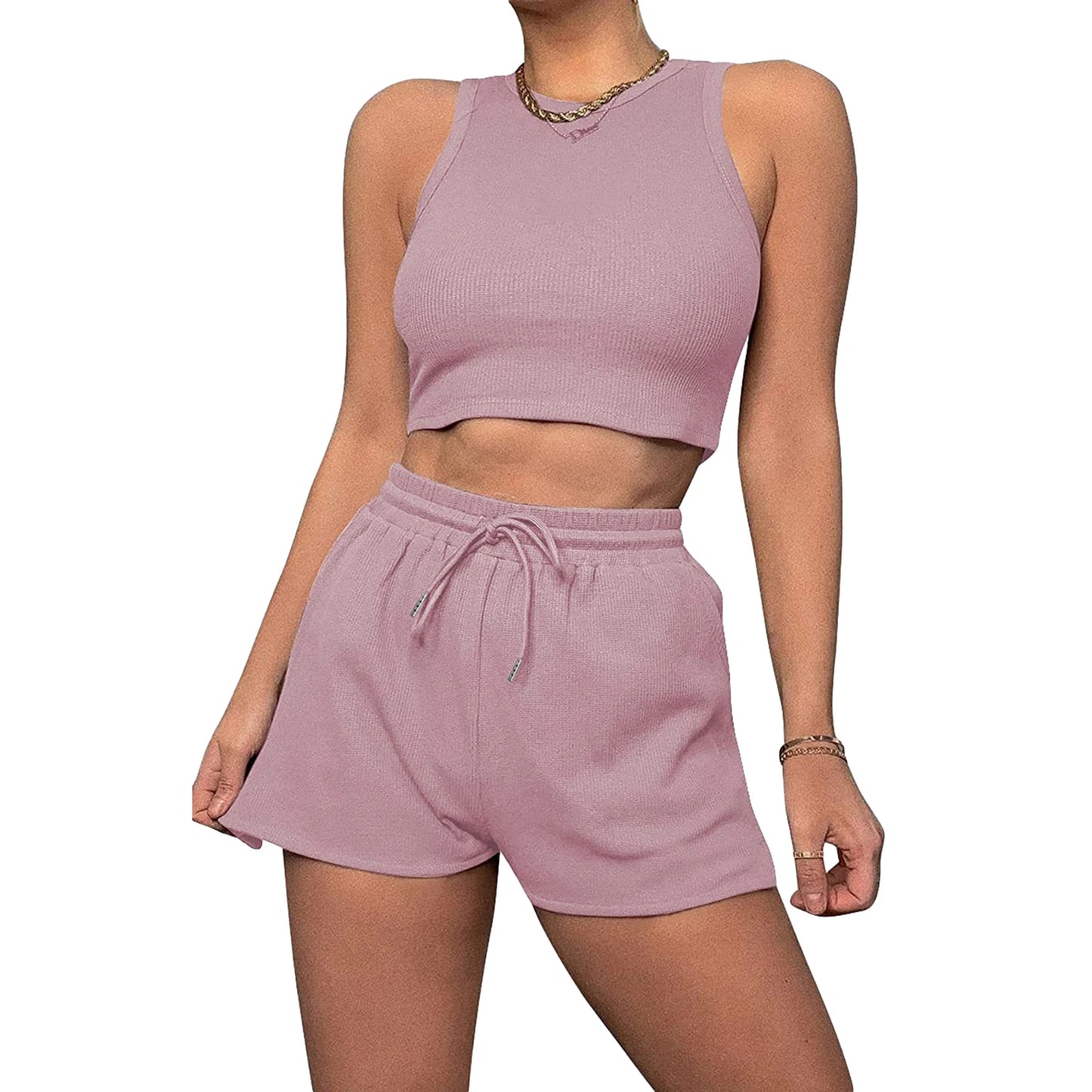 Hirigin Women's Waffle Sleeveless Tank Top Shorts Two Piece Set
