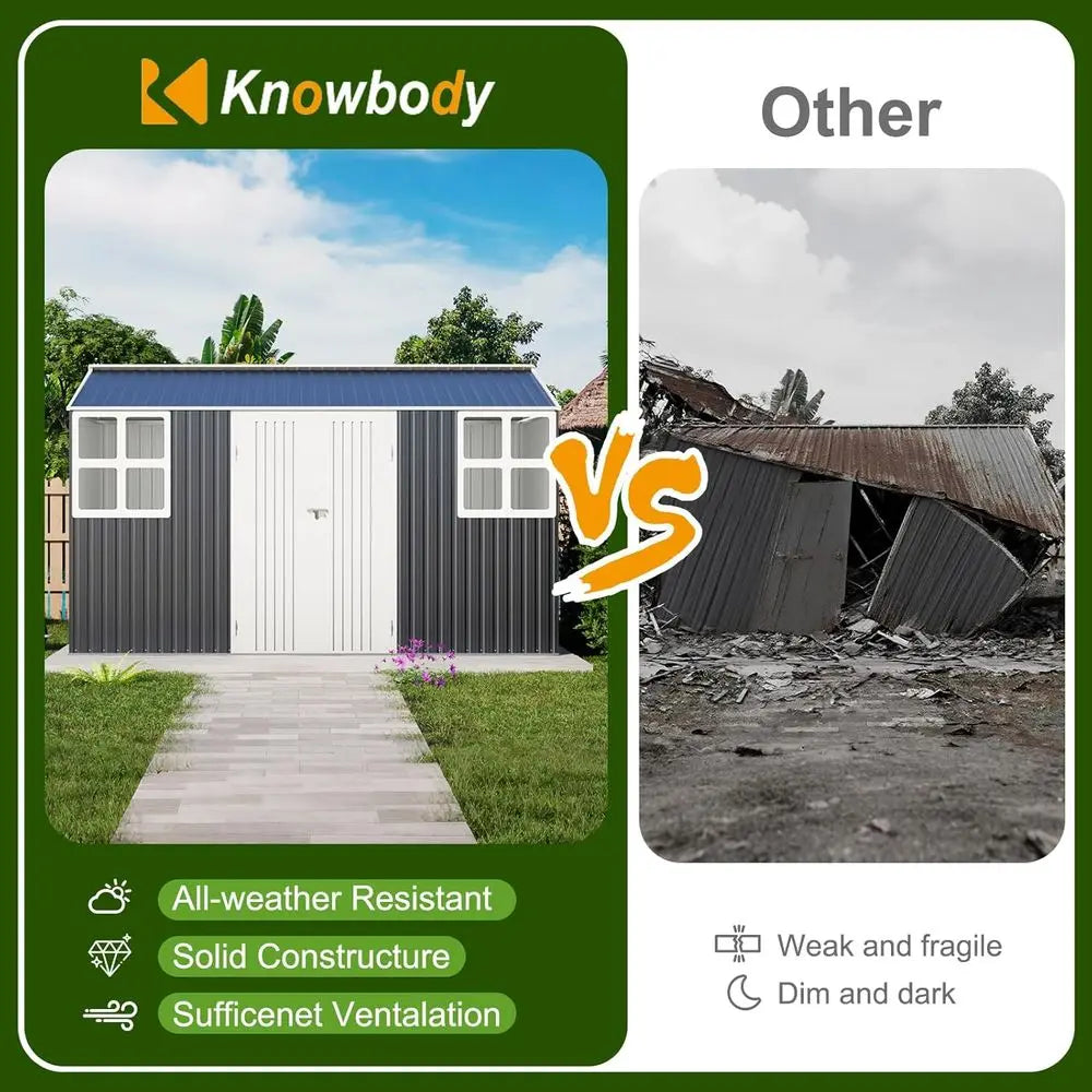 12x10ft Durable Metal Shed - with Double Doors, Clear Roof Panels, and Windows