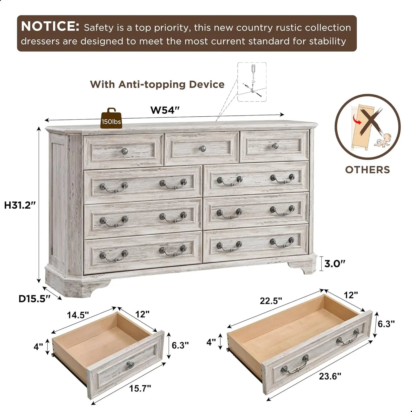 Farmhouse 9-Drawer Wood Rustic Dresser For Bedroom With Natural Texture
